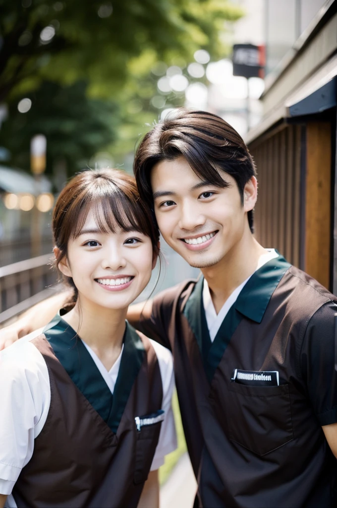 Dental hygienist, two men, smiling, wearing reddish brown plain nurse uniform, short sleeves, Japanese, black hair, men in their early 20s Upper body close-up Shooting outside Harmony々