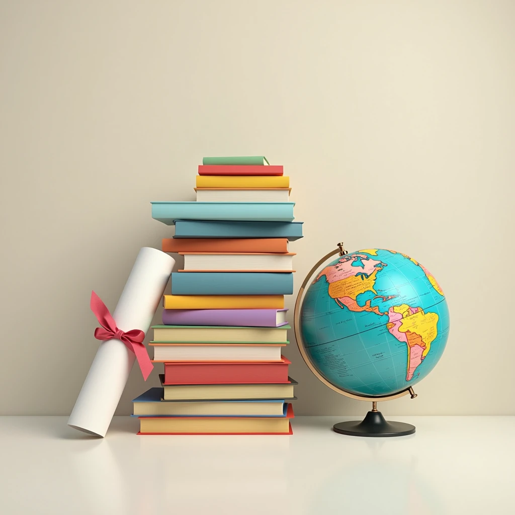 "A front view of a neatly stacked pile of books with varied cover colors, arranged in a balanced, orderly fashion. Next to the stack, prominently displayed, is a diploma rolled up and tied with a ribbon, leaning against the books. Beside the diploma is a detailed globe of the Earth, with bright, clear colors and realistic geographic features. The scene is set against a clean, neutral background with ample copy space above and around the arrangement, making it ideal for adding text or messages related to Education Day. The overall composition is educational and celebratory, with a polished, professional look."