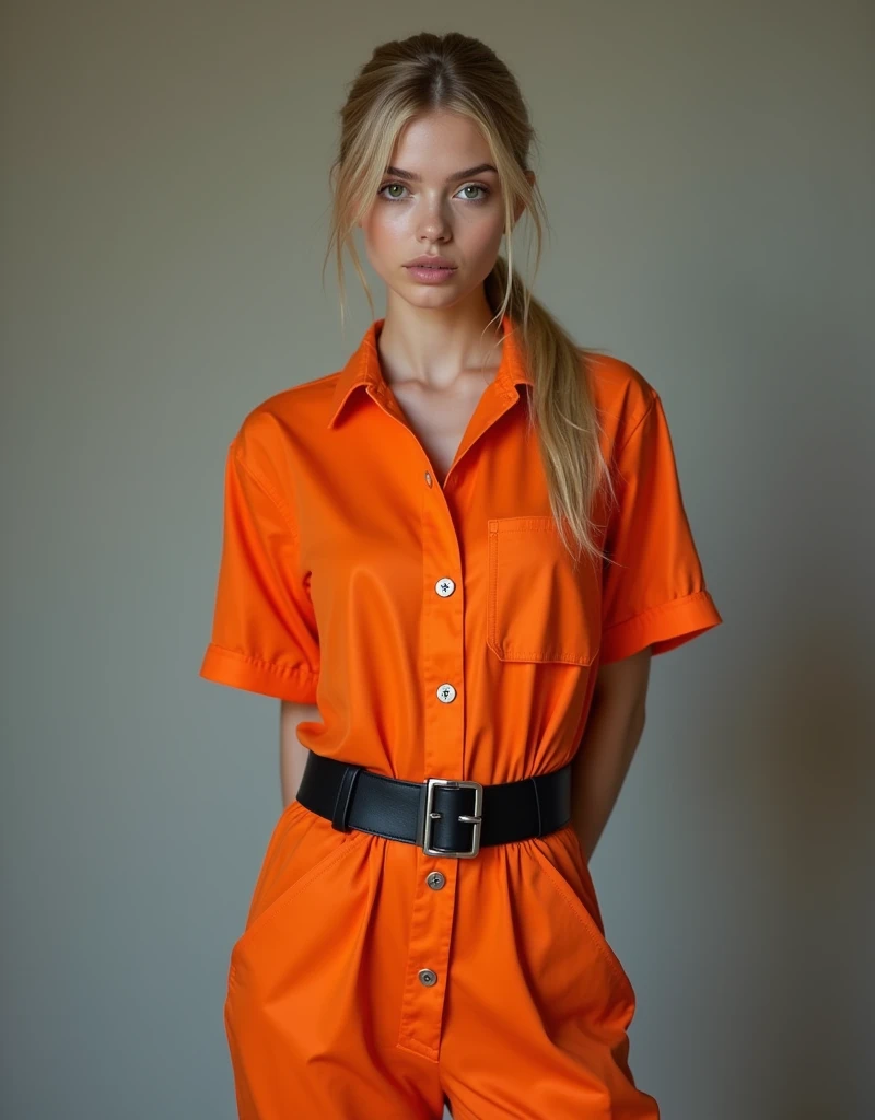 Frontal photograph of a beautiful young model with long a blonde medium length pulled back ponytail hair wearing a sexy synthetic orange prisoner jumpsuit, inmate jumpsuit, button-up, sexy view, handcuffed, hands cuffed to her back, wearing a tight black stylish belt, high black boots, short sleeves, sexy pose, very attractive look, skinny, anorexia, 19 years old, thin and athletic body, (thin girl 1:5), short sleeves, supermodel face and body, brown eyes, long pants, hands at back, elastane synthetic orange prisoner jumpsuit, jumpsuit made of elastic spandex, jumpsuit has 4 visible silver buttons, her belt is made of stylish leather, elastic jumpsuit, jumpsuit is not tight on body, perfect woman, slim, (large perfect round fake breasts:1.0), (perfect Hands), (blonde medium straight ponytail hair:1.2), (wasp waist:1.3), big heavy black stylish designer belt of leather, visible breast contours, light blonde hair, a lot of cringles and creases on the jumpsuit, light blonde hair, full body view, tops of her boots visible, sporty ponytail, short sleeves, sexy model pose, she is highlighting her but in her pose, no pockets, looking at viewer like she wants sex, 70's prisoner jumpsuit, 80's orange prison jumpsuit, 90's prisoner jumpsuit, Soviet orange prison jumpsuit, hands handcuffed, handcuffed, handcuffs on her wrists, hands at back, hands cuffed to her back, hands handcuffed to her back, full body view, knees visible, hands tied to her back, hands handcuffed to her back, hands cuffed to her back, sexy pants, pants looking sexy on her legs, sporty style ponytail, picture starting from her knees, jumpsuit made of elastic spandex, very sexy pose, pointing out her ass, belted, long pants, button-up jumpsuit