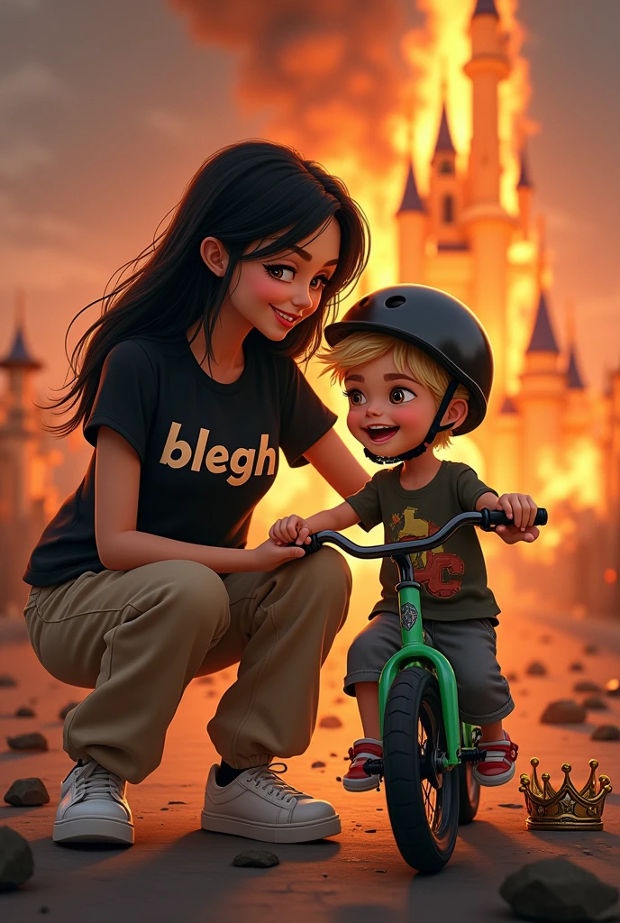 kag:
Create a picture in disney style
Mom who likes metal, brown eyes, pale skin, heavily mascaraed eyelashes, no jewelry, long black straight hair, black shirt with the inscription "blegh" , beige baggy (not high waist) , white sneakers. Smiles at her blonde 3 year old son. There is , brown eyes, blonde hair. loves his green bike. He wears a black helmet. Son has a monster truck on his shirt.Mother and son smile and look at each other.
In the background, the Disney castle burns in large flames and is almost destroyed.. There is a broken crown on the floor