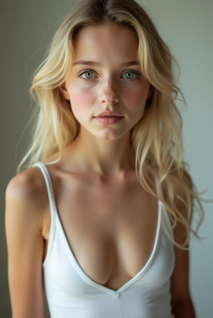 blonde girl with green eyes, wearing white latex bare top
