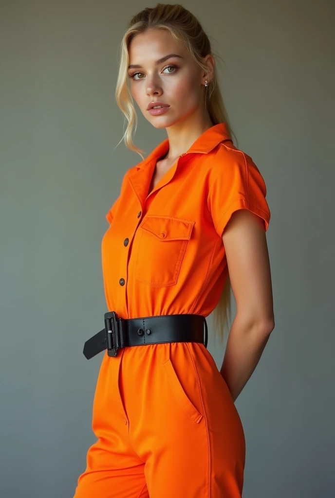 Frontal photograph of a beautiful young model with long a blonde medium length pulled back ponytail hair wearing a sexy synthetic orange prisoner jumpsuit, inmate jumpsuit, button-up, sexy view, handcuffed, hands cuffed to her back, wearing a tight black stylish belt, high black boots, short sleeves, sexy pose, very attractive look, skinny, anorexia, 19 years old, thin and athletic body, (thin girl 1:5), short sleeves, supermodel face and body, brown eyes, long pants, hands at back, elastane synthetic orange prisoner jumpsuit, jumpsuit made of elastic spandex, jumpsuit has 4 visible silver buttons, her belt is made of stylish leather, elastic jumpsuit, jumpsuit is not tight on body, perfect woman, slim, (large perfect round fake breasts:1.0), (perfect Hands), (blonde medium straight ponytail hair:1.2), (wasp waist:1.3), big heavy black stylish designer belt of leather, visible breast contours, light blonde hair, a lot of cringles and creases on the jumpsuit, light blonde hair, full body view, tops of her boots visible, sporty ponytail, short sleeves, sexy model pose, she is highlighting her but in her pose, no pockets, looking at viewer like she wants sex, 70's prisoner jumpsuit, 80's orange prison jumpsuit, 90's prisoner jumpsuit, Soviet orange prison jumpsuit, hands handcuffed, handcuffed, handcuffs on her wrists, hands at back, hands cuffed to her back, hands handcuffed to her back, full body view, knees visible, hands tied to her back, hands handcuffed to her back, hands cuffed to her back, sexy pants, pants looking sexy on her legs, sporty style ponytail, picture starting from her knees, jumpsuit made of elastic spandex, very sexy pose, pointing out her ass, belted, long pants, button-up jumpsuit