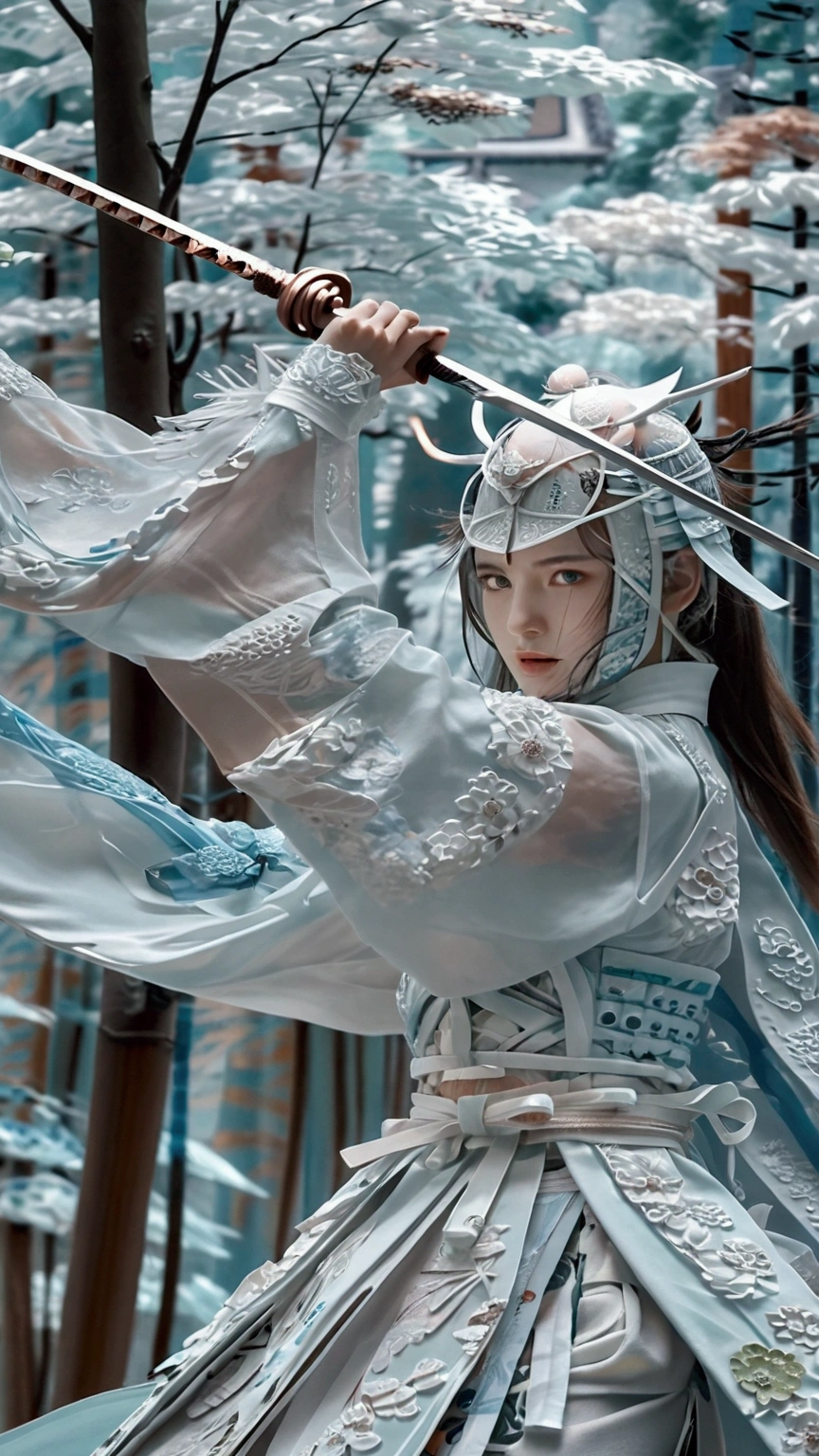 (Japanese sword &reference;Muramasa 2&reference;.2)Beautiful 27 year old woman、Japanese women、Tie your hair back、Hair ornament artist、Shinobi Costume、Warrior、Clear Eyes、{Arm tattoo(SakuraFubuki}&#39;Back Tattoo、Warrior、(Japanese swordを両手で構える、1.3)(Japanese sword1.2)Intermediate position、In front of the body、(Holding a sword horizontally 1.3)、whole body、Long Blade Sword、Realistic battle scenes、敵Warriorの返りBlood、Blood、High resolution、Highest quality、Very detailed、8k、background、The castle is burning、Sparks fly、