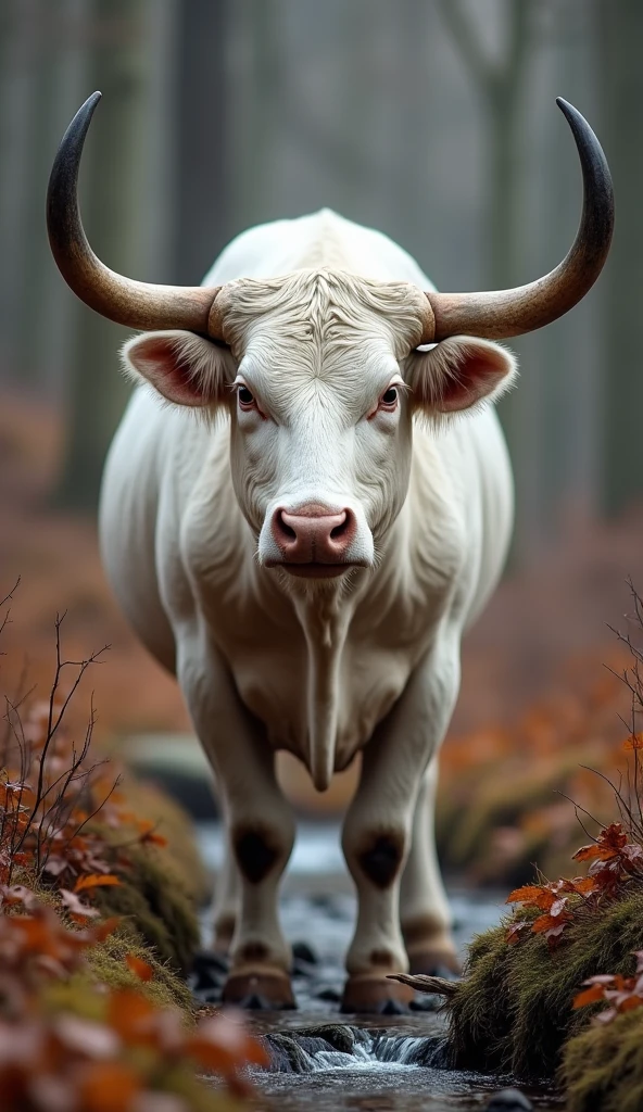 A handsome, white, horned Russian bull with beautiful, branched horns looking at the camera ,wild forest scenery filled with dry brown leaves,there is a cold spring stream at the foot of the hill, HD, 4k,realistic 