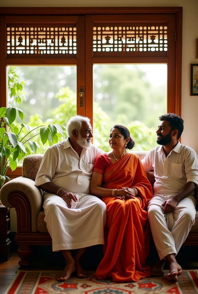 A father, mother and there two sons having 30 year old sitting on a sofa it's kerala family