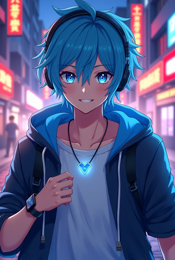 Handsome anime Add headphone  sky blue hair add smile add smartwatch  add v locket add 
jocket add bluefire eyes