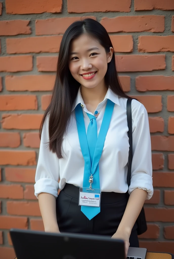 ผู้หญิงอาราฟWear a white shirt.และกระโปรงสีดำพิงกำแพง, a picture inspired by Ni Yuanlu, Flicker, Guessing at the Alset, young asian girl, little cute smile, young asian woman, Wear a white shirt., Wear a white shirt., A bright blue tie, A blue student ID lanyard with the inscription 'Kalasin Vocational College' hangs from the lanyard. , Working in front of the computer, , young woman wearing uniform