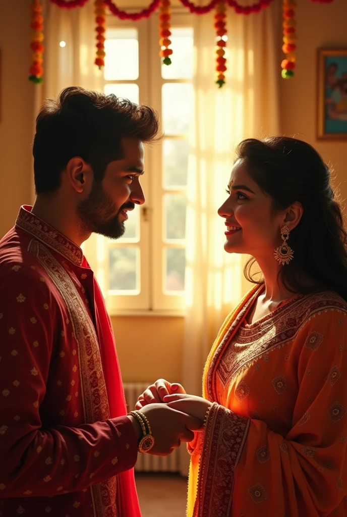 (photorealism:1.2), Arjun looking at Meera with gratitude and affection as she ties the rakhi