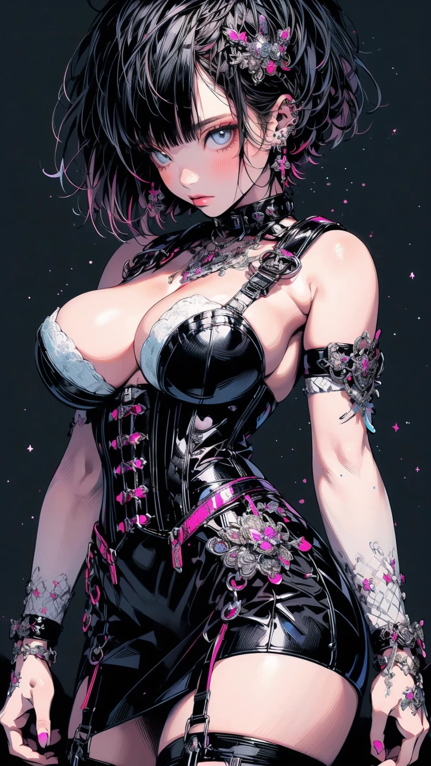 (masterpiece), (Highest quality), (Very detailed), (masterpiece), (Highest quality), (Very detailed), Gorgeous Woman, Asymmetrical short hair, View from below, close, Leather corset that fits perfectly to the skin, Huge breasts, Tight black mini skirt, Cross your arms in front of you, Anime Style, Digital Painting,