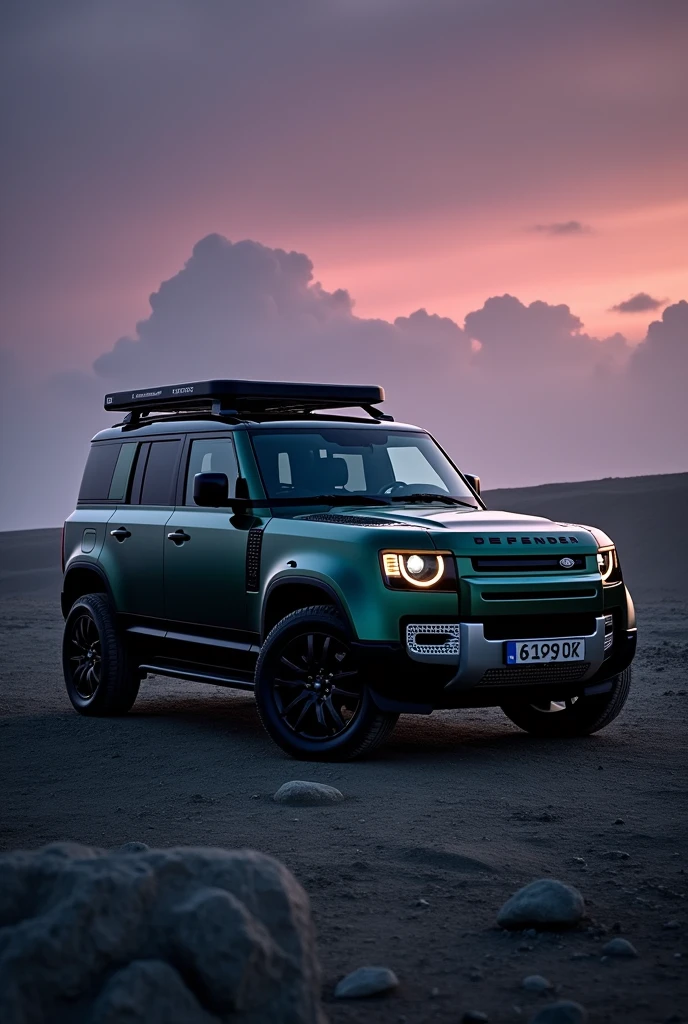 A wide long distance photography of Brand new ((full option)(land rover defender 110 model 2024)) 5 door defender in dark greenish colour and(glassy shining body) with (defender roof carrier and (side ladder)). Diamond cut alloy wheels at (minimum ground clearance). footrest .Dark violet sky and dark grey soil.