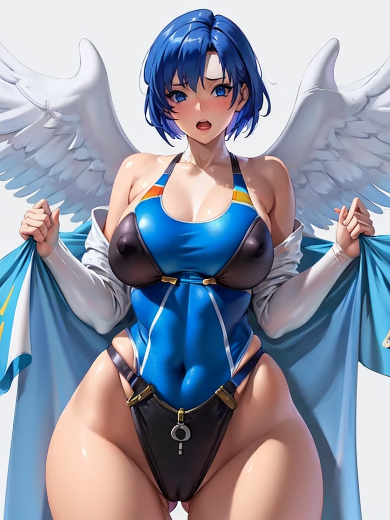 (White background, 1girl:1.4), BREAK,Blue short Hair, blue eyes,Narrow waist,voluptuous Breasts,(one-piece competitive swimwear,one-piece competition swimsuit:1.6), blush,Open your mouth,(covered nipples:1.2)