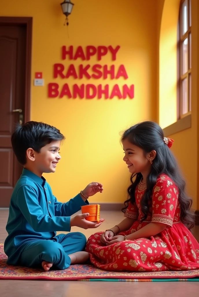 A real 20 year old  Cute boy and girl are sitting face to face on a colorful mat in the home lobby, the boy has extended one of his hands forward, And Girl tying Rakhi on brother's hand. boy is wearing a Blue  colored kurta And the girl is wearing a Red Lahenga, boy has a gift box in his other hand, is smiling, boy has applied tilak on his forehead, and on the wall in bold letters "HAPPY RAKSHA BANDHAN" "Amogh & Amulya" It is written, 4k image