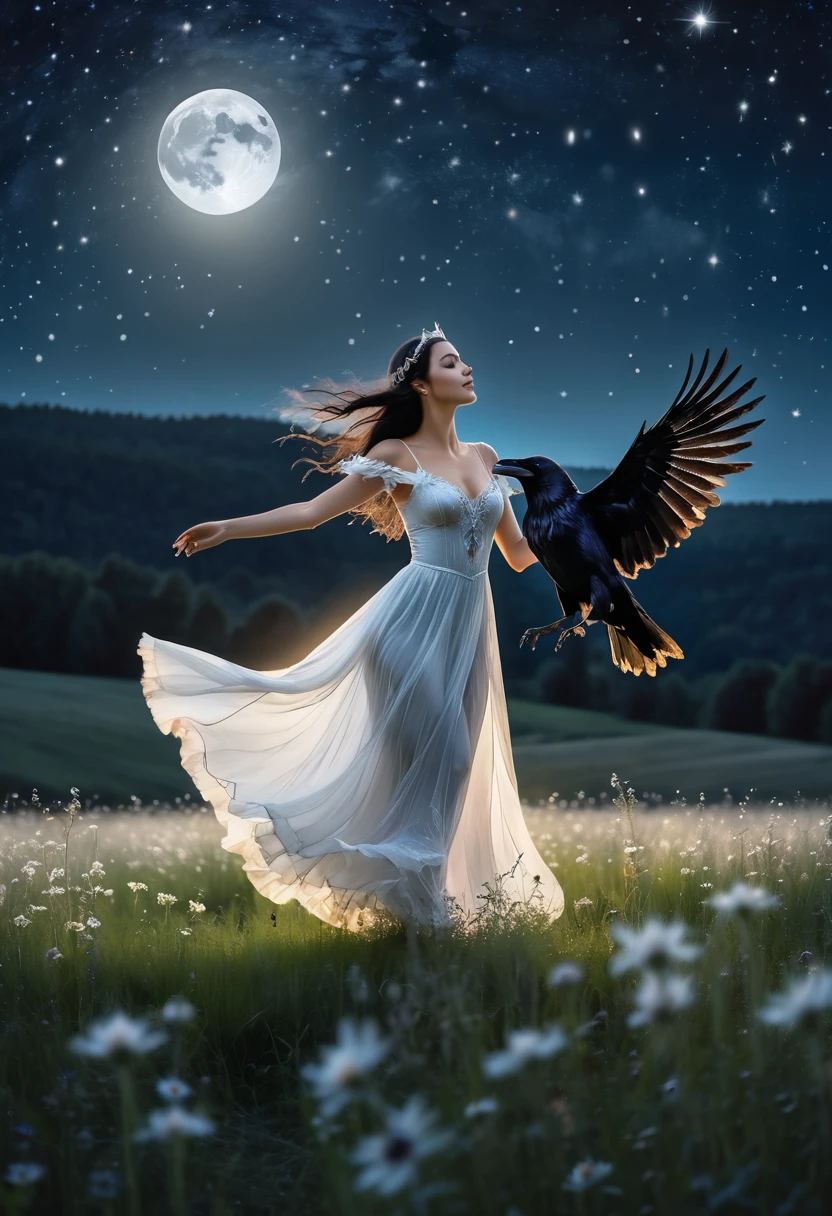 white fairy woman dancing a black raven in the meadow field with moonlight and stars