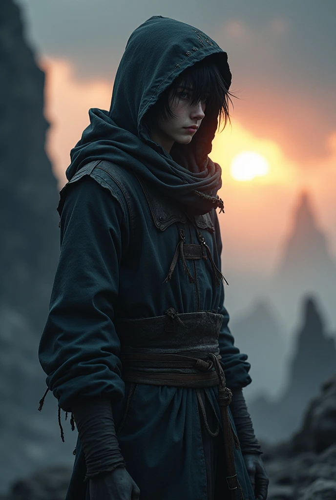 Draw a man who looks like Kirito wearing a tattered hood that hides his eyes. Make him lightly equipped, handsome, and young. Make him even thinner with the hood hiding his eyes.