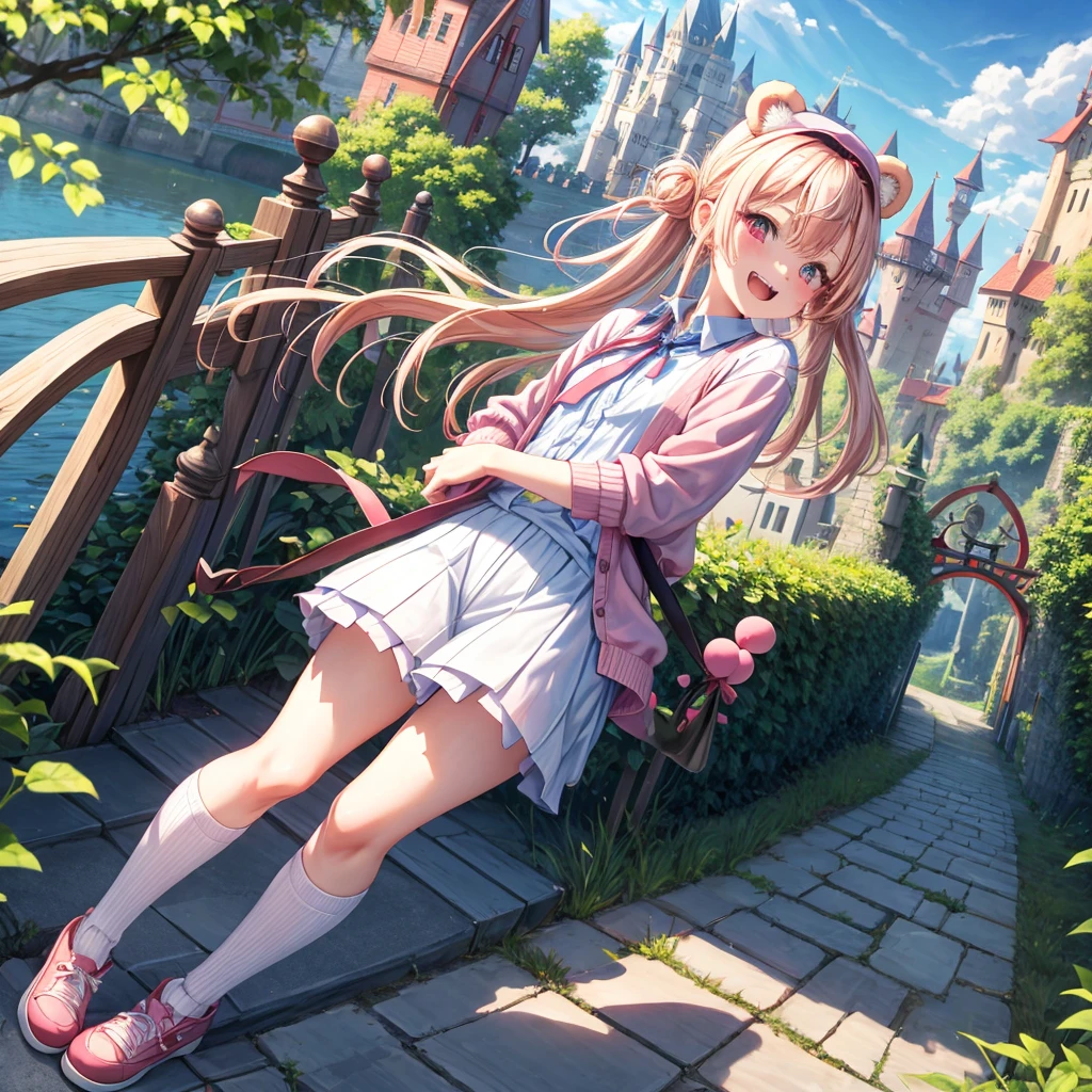 Pink Blonde、Red eyes、Hair tied up、Two cute、Checked mini skirt、black t-shirts、cardigan、Knee-high socks、bear ears baseball cap、Teeth are visible、Monster Castle、Tilting face、crossing the bridge、hazakura、windmill、grass、Stones are growing out of the ground.、impregnable、A teddy bear is walking、Morning glory is blooming.、In front of the city gates