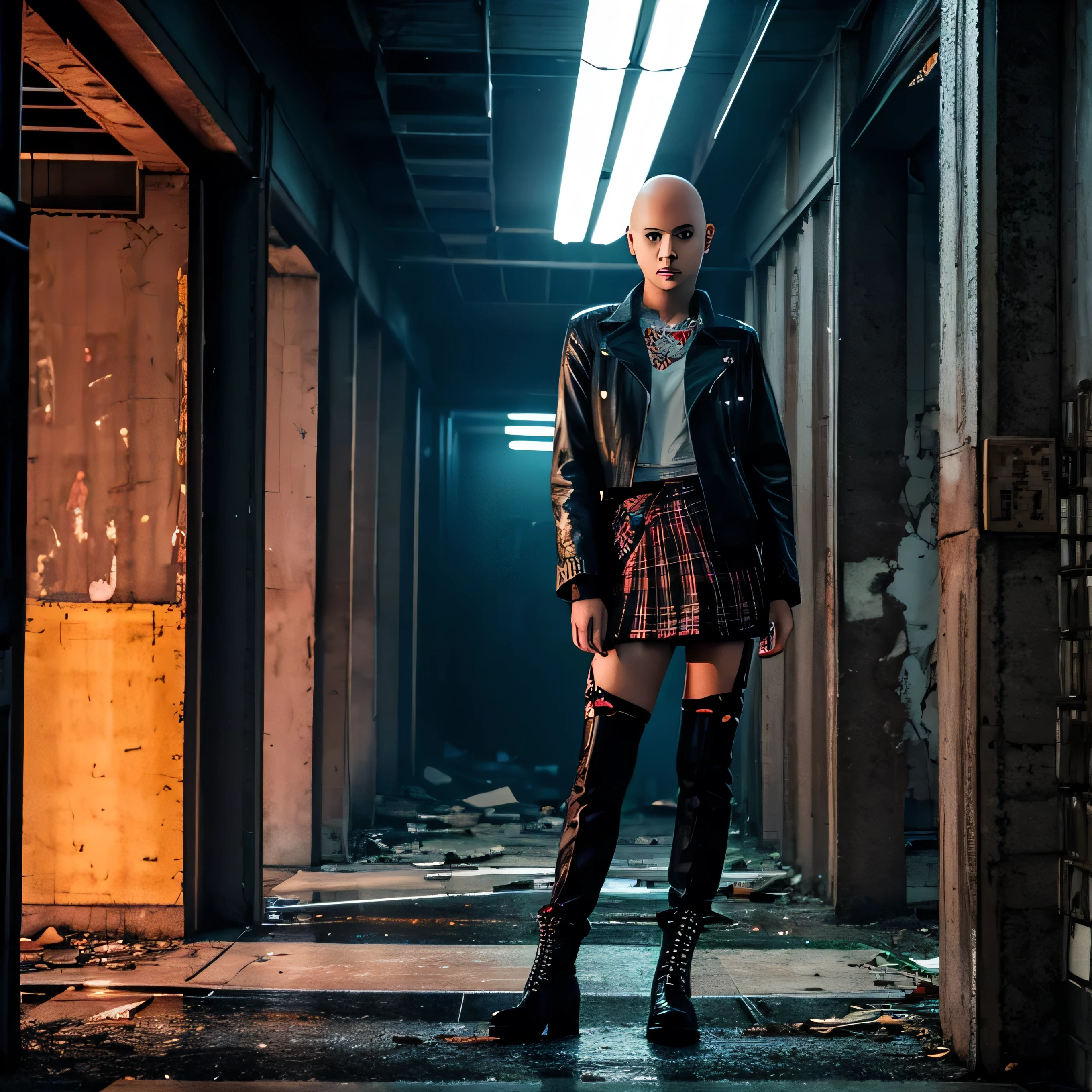 A beautiful bald girl in punk clothing and a plaid skirt, ripped stockings and high boots, hides from the rain in an abandoned building, smoking a cigarette.  , It's raining outside, neon evening, realistic portrait sad girl, beautiful bald girl