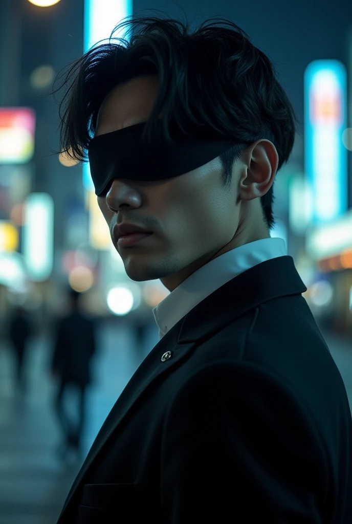 Closeup  realistic Satoru gojo in blindfold