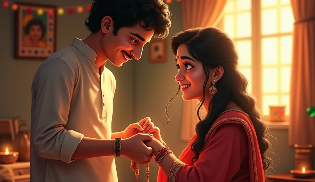 (photorealism:1.2), Arjun looking at Meera with gratitude and affection as she ties the rakhi
