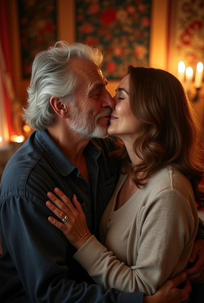 old man kisses mature woman、Hugging naked