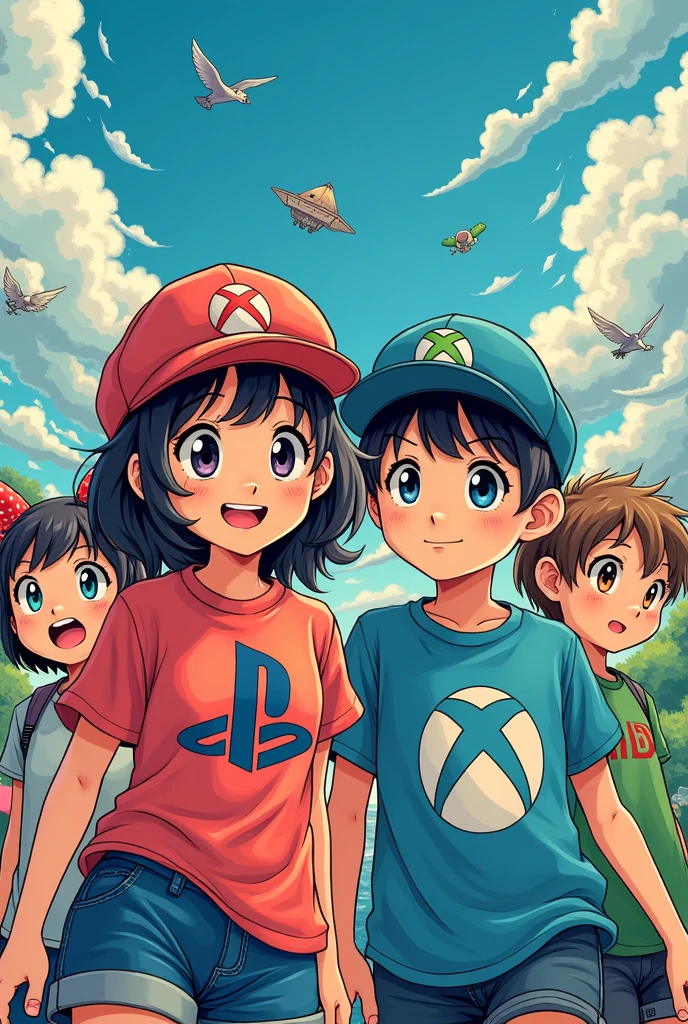 Une fille le logo PlayStation. I'm with a boy who wears the Xbox logo, a girl who wears the Nintendo logo, and a boy friend who wears the Steam logo, manga version.