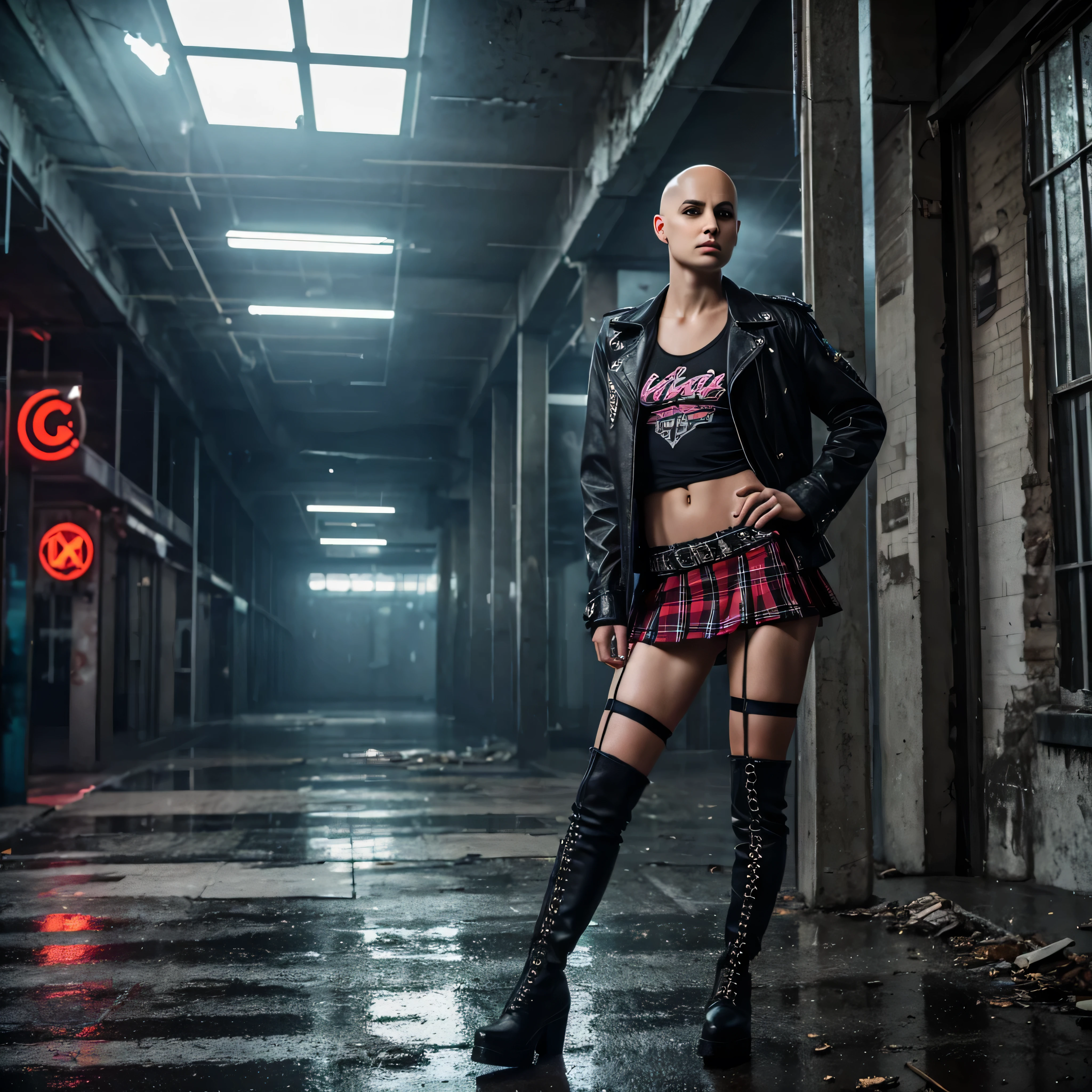 A beautiful bald girl in punk clothing and a plaid skirt, ripped stockings and high boots, hides from the rain in an abandoned building, smoking a cigarette.  , It's raining outside, neon evening, realistic portrait sad girl, beautiful bald girl