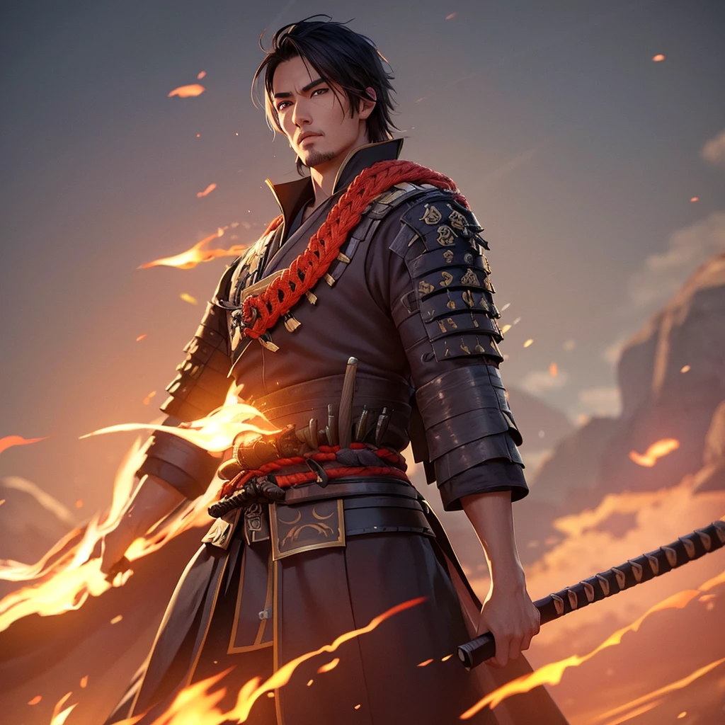 handsome samurai,  8k, hd, unreal engine, fire