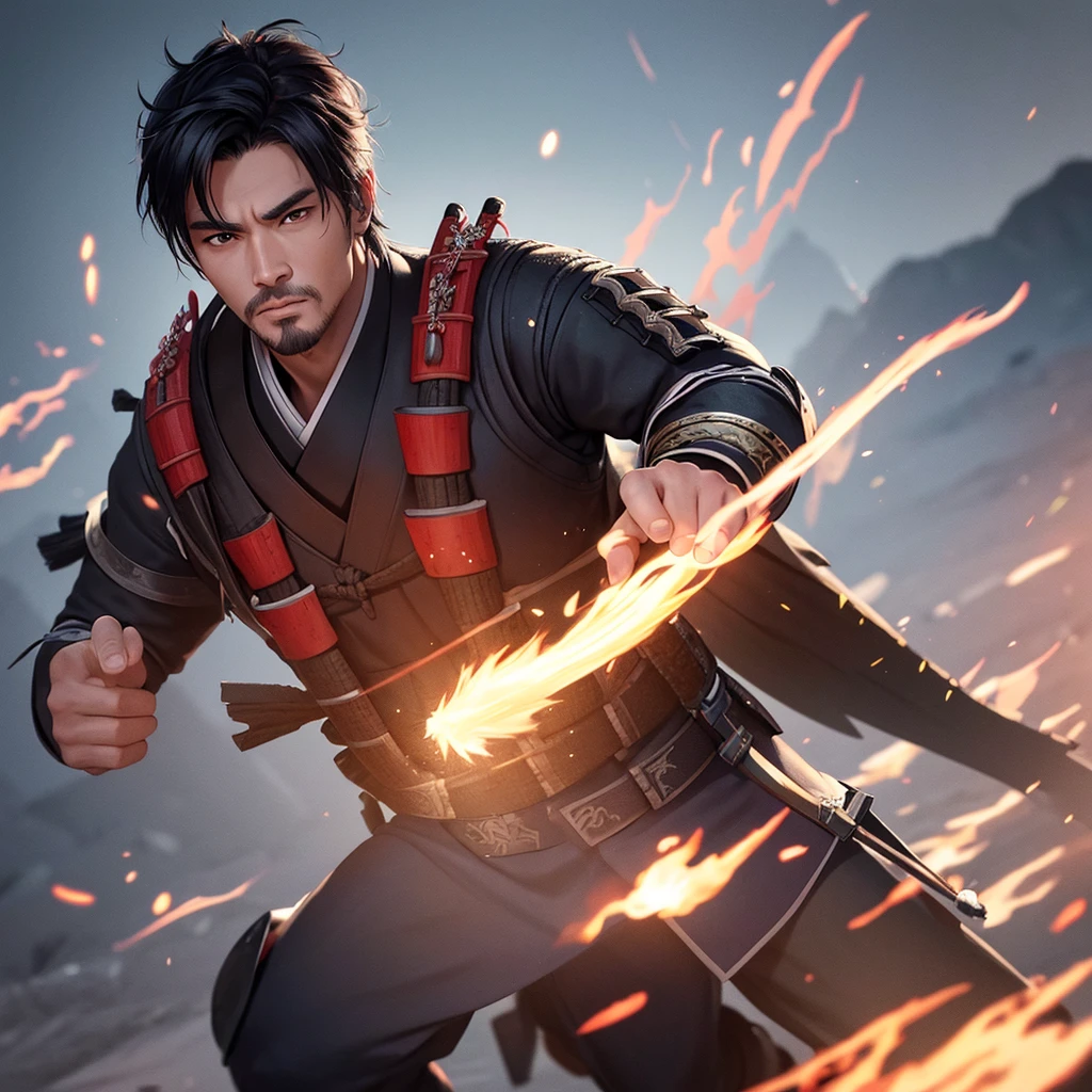 handsome samurai, 8k, hd, unreal engine, fire