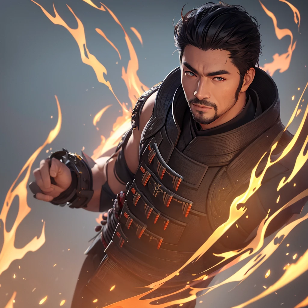 Asian man with firepower and scar on eye, homem sombrio,  em estilo RPG, flaming hands, hands with fire. Pintura digital detalhada em 8k com uma atmosfera intensa e misteriosa, (((8k)))