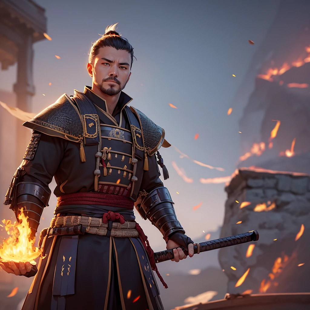 handsome samurai, 8k, hd, unreal engine, fire