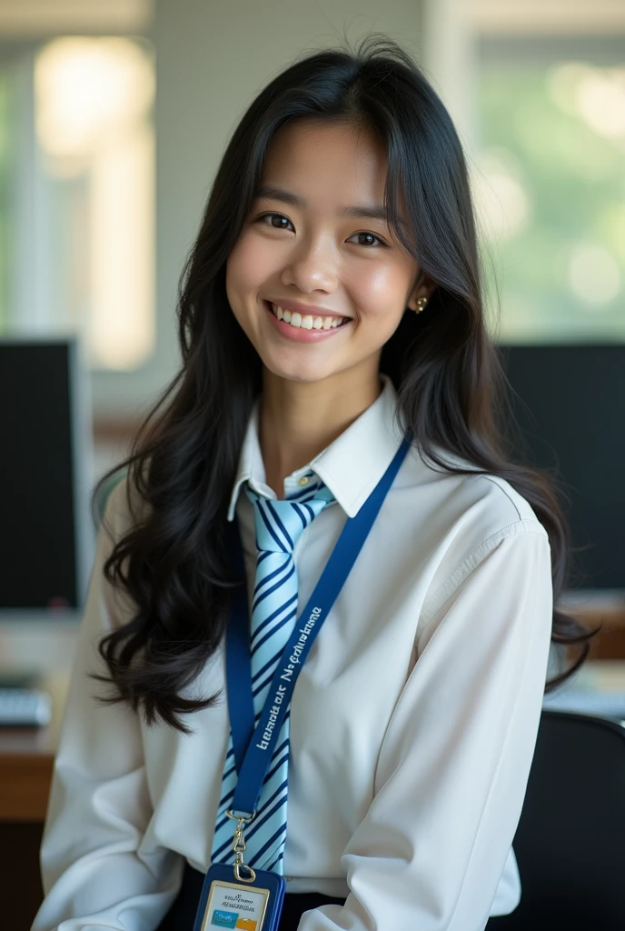 (Masterpiece),(complication:1.3),(Realistic),Portrait of a woman,Small and cute,18 years old,Has a delicate and beautiful Thai face,long black hair,Big eyes,Blue eyes,smiling,be happy,(Wear a white long-sleeved shirt with a light blue tie alternating with dark blue, but the dark blue is less than the light blue.(Tie has only 2 colors, no other colors are mixed)The college logo is next to the tie label),Wear a short skirt,Wear a blue student ID card strap with the college name on the strap, written as(Khon Kaen Vocational College),Look ahead,Passed through her computer,(In a computer room),warm light,Showing some sunlight,Professional photographer in capturing detailed images of young women,Have clarity,dramatic,Awarded globally,Cinematic lighting,(film grain,Blurred background,Blurred background,bokeh,depth of field)
