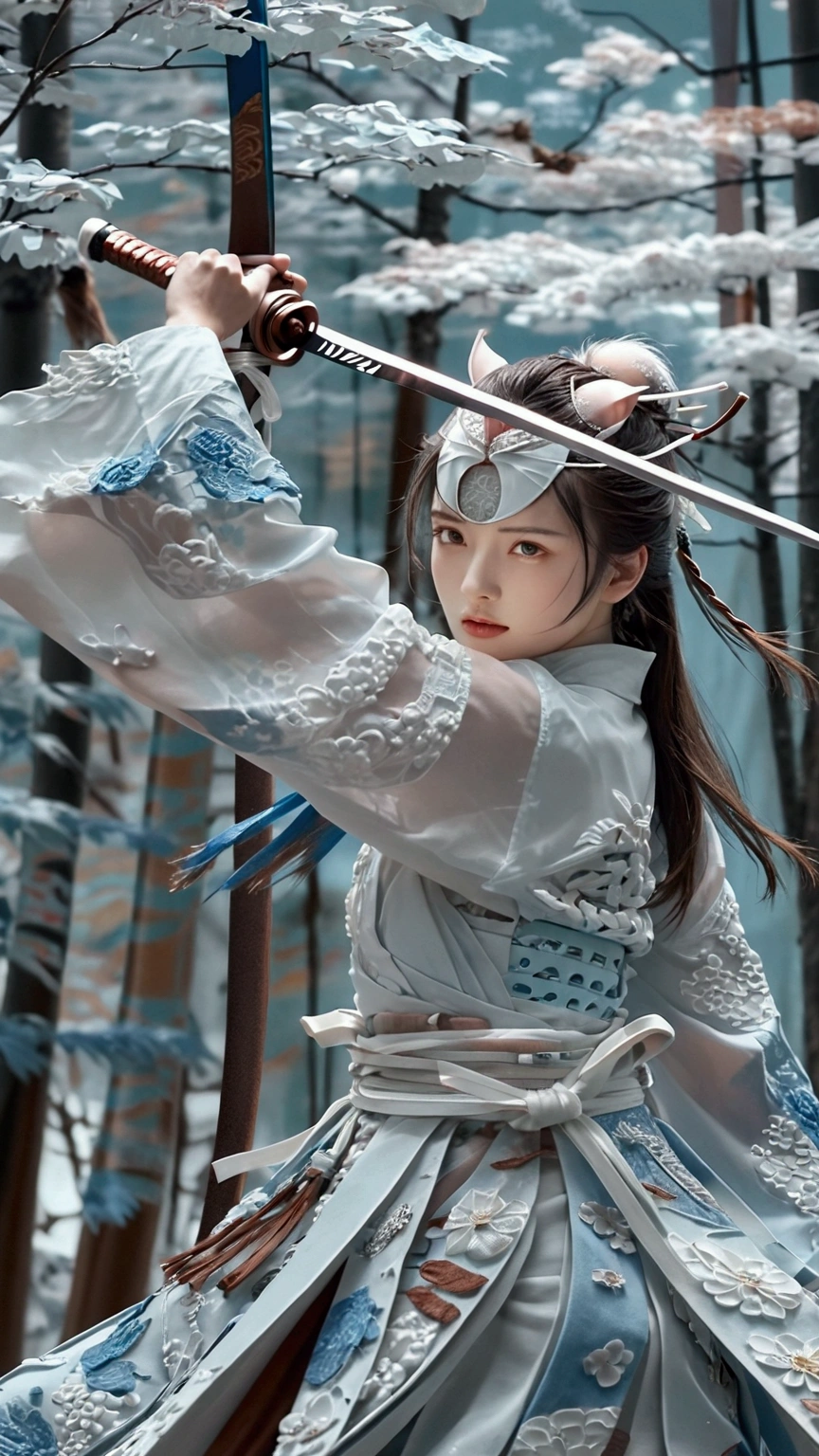 (Japanese sword &reference;Muramasa 2&reference;.2)Beautiful 27 year old woman、Japanese women、Tie your hair back、Hair ornament artist、Shinobi Costume、Warrior、Clear Eyes、{Arm tattoo(SakuraFubuki}'Back Tattoo、Warrior、(Japanese swordを両手で構える、1.3)(Japanese sword1.2)Intermediate position、In front of the body、(Holding a sword horizontally 1.3)、whole body、Long Blade Sword、Realistic battle scenes、敵Warriorの返りBlood、Blood、High resolution、Highest quality、Very detailed、8k、background、The castle is burning、Sparks fly、