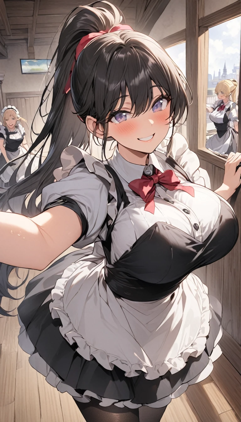 One Woman、beautiful girl、maid、20-year-old、ponytail、Western-style building、maidの、Calm look、Drooping eyes、柔らかなsmile、A motherly expression、Baby Face、頭にmaidカチューシャ、Short skirt、Black Pantyhose、Ultra-high definition image quality、Highest quality, smile,Big Breasts、Very large breasts、Wipe the floor with a rag、Floor cleaning、Squint your eyes and smile、屈んでFloor cleaning