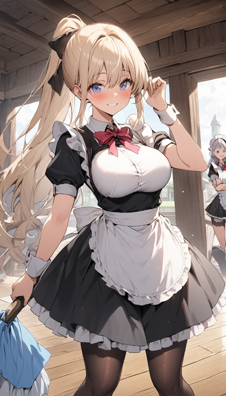 One Woman、beautiful girl、maid、20-year-old、ponytail、Western-style building、maidの、Calm look、Drooping eyes、柔らかなsmile、A motherly expression、、頭にmaidカチューシャ、Short skirt、Black Pantyhose、Ultra-high definition image quality、Highest quality, smile,Big Breasts、Very large breasts、Wipe the floor with a rag、Floor cleaning、Squint your eyes and smile、屈んでFloor cleaning