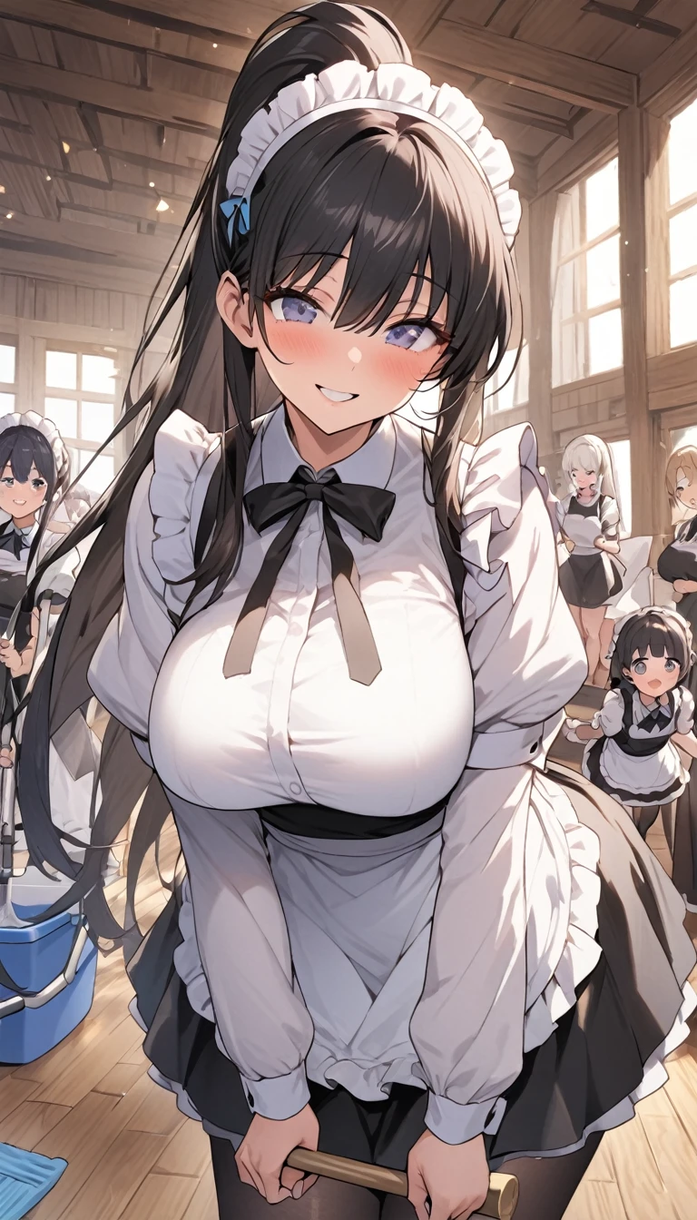 3 beautiful women in maid outfits, large breasts, visible cleavage, see-through nipples, (best quality,4K,8K,highres,masterpiece:1.2),ultra-detailed,(realistic,photorealistic,photo-realistic:1.37),detailed facial features,beautiful eyes,long eyelashes,full lips,smooth skin,intricate maid dress textures,flowing fabrics,dramatic studio lighting,vibrant colors,soft bokeh background((Three Women、Maid、tits、Big Breasts、Cleavage、See-through nipples))