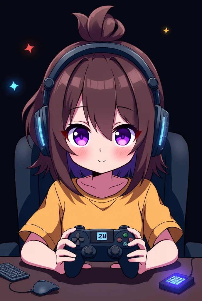 Gamer , black background , Anime girl , brown hair colour , hair bun style , yellow T-shirt , purple eyes , empty eye lens , uncaring eye , smile , chibi