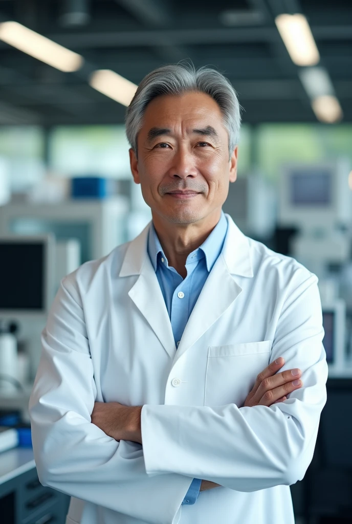 A trustworthy and reliable Korean male expert in his 50s wearing a white coat