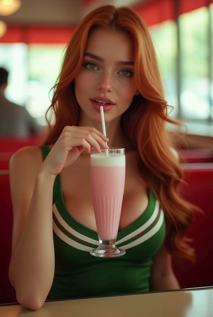 ultra realistic, photography, long red hair, girl, 24 years old, hourglass figure, perfect body, natural medium breasts, Flirty look, extremely detailed artgerm, in the style artgerm, facing the camera, lens 35 mm, blur background, in a 60s diner, sitting at a table, strawberry milkshake, tight green cheerleader outfit with great cleavage, seductive smile, licking the straw with her tongue