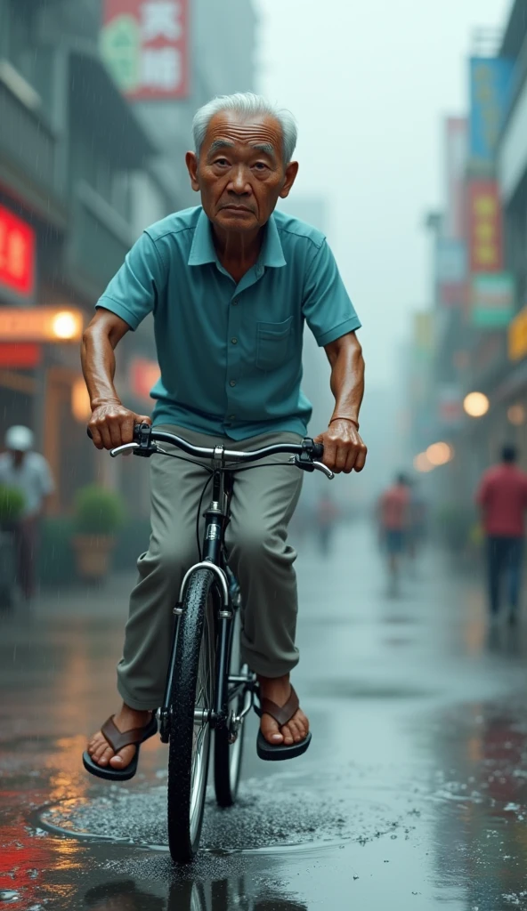 Mr. Tu is an old man over 60 years old., skinny, dark skin, short neat silver hair. He wore a light blue short-sleeved shirt., light gray khaki pants, brown rubber sandals .The shoe fell off while he was rushing to ride his bike., Mr. Tu lost a shoe.. He turned back to look for the shoe while still getting splashed by the rain.. 3D Image