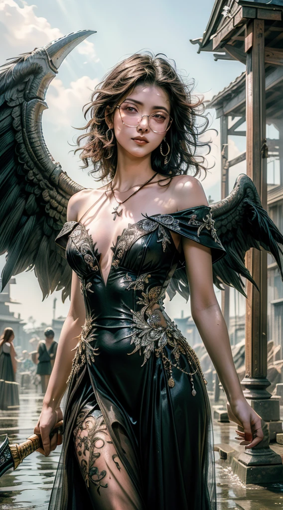 (Numerosas obras-primas premiadas, with incredible details, Maximum textures and details), (Hiper-realista:1.4), (realista:1.3), (Imagem corporal inteira:1.7), (Puntile superior do corpo para cima:0.3), (melhor qualidade de pele textura real), (finely detailed true circle eyes), (Finamente detalhado e bonito rosto:1.4), (Aesthetic and decadent image:1.5), ((Mundo Medieval)), (Segadeira:1.4), (olhar gelado nos olhos), (She has a nasty smile on her face, But your eyes don't smile.:1.3), (He has a soul harvesting scythe in his hand:1.5), (Um saco contendo almas colhidas com um leve brilho:1.5), (Olhos que brilham vermelhos no escuro), (dramatic light), altar, (A majestic spectacle), (Magic Circle of Disturbing Glow:1.3), Your face is soft and beautiful, mas de alguma forma aterrorizante, (Large wings with tattered black feathers behind shoulders:1.3), (Imagem corporal inteira:1.7), (Wears a dark black dress with a hood and intricate patterns:1.2), Asas dobradas, Brincos com estampa de caveira, (Rastreamento do Ceifador de Esqueleto: 1.3), (((dramatic photo))), (twilight), (sunset), (twilight), ((dramatic pose)), (foto extravagante), (cabelos dourados), (Cabelos prateados), (cabelo castanho), ((procura para cima)), ((olhe para baixo)), (Imagem corporal inteira:1.7), (Around her neck is a simple necklace with exquisite workmanship......), Sepultura esquecida, Grande Tumba, Underground Labyrinth, Ruins of the Temple of Evil, Temple of Sacrifice, misteriosamente, Ruins of the old castle, desert cemetery ruins, Tumba antiga desabou, Ancient ruins of still waters, Swampy ruins, Masses of majestic clouds and bright skies, clareamento, realistic epic, desbotado, until, (Greg Rutkowski:0.8), (cerceta & laranja:0.4), (Artee Station:1.5), cinematographic, ((cores neutras)), (HDR:1.5), (cores silenciadas:1.2), hiper detalhado, dramatic light, she wears beautiful office glasses, ruiva, (Detalhes co