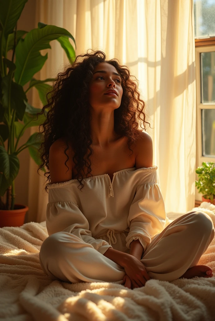 (photorealism:1.2), beautiful woman, sitting on bed, wearing loose off-shoulder top, pajama pants, long curly hair, indoors, soft lighting, plants in background, window with sunlight, cozy room, relaxed pose, realistic, intricate details, warm colors, by Greg Rutkowski, by Alphonse Mucha