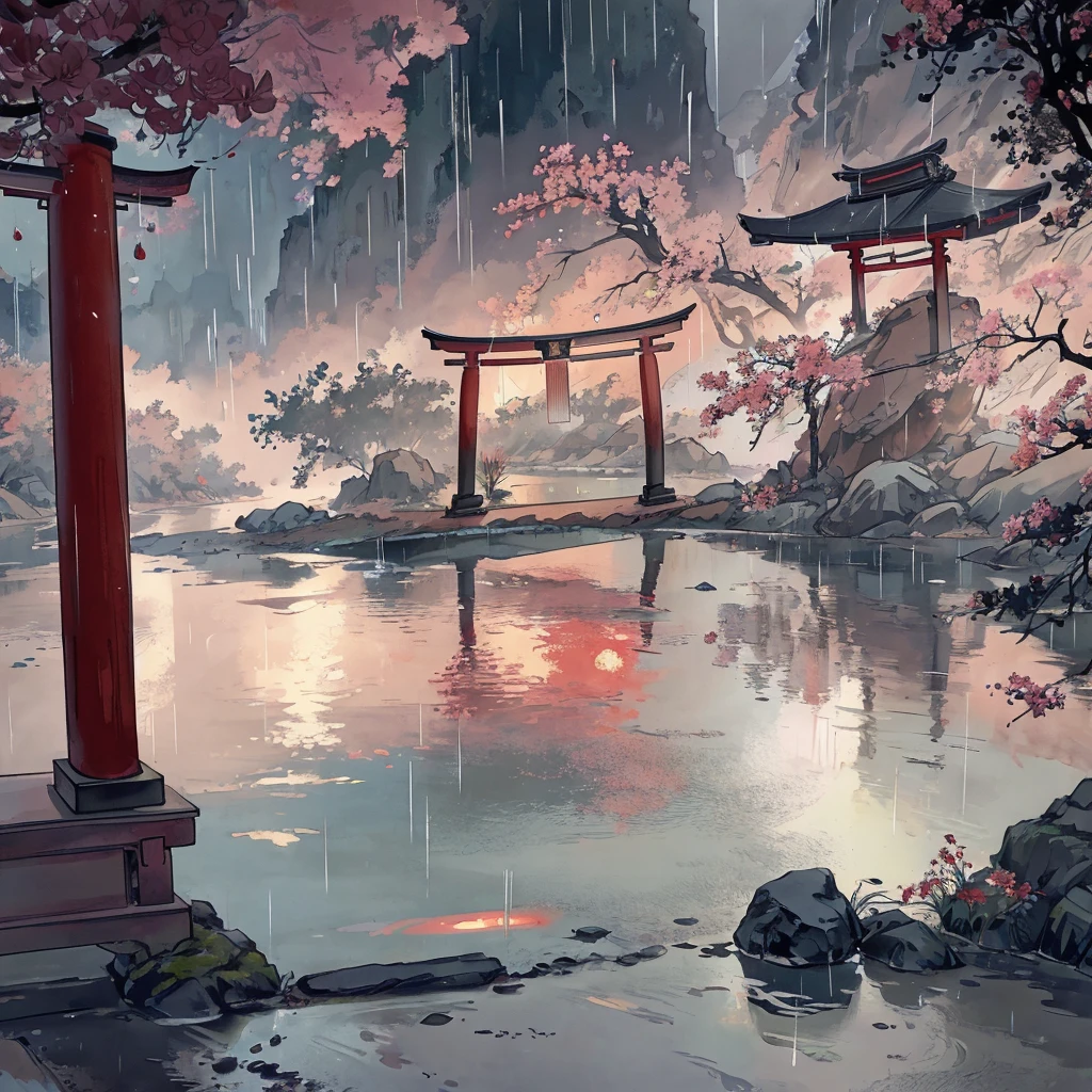 river, flowers, 8k, hd, unreal engine, moon, rain, red tone, japanese temple torii gate