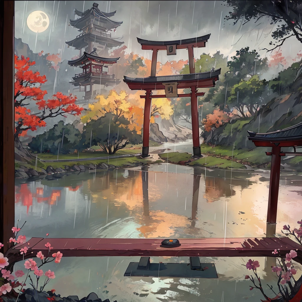 river, flowers, 8k, hd, unreal engine, moon, rain, red tone, japanese temple torii gate