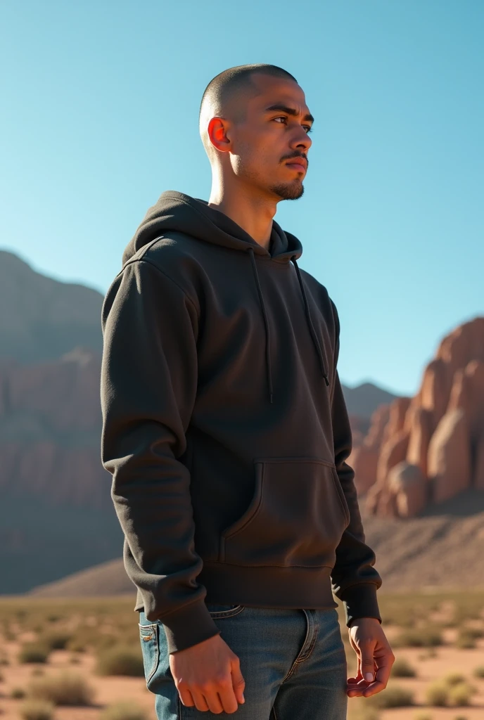 Create a realistic photo of a young man of Moroccan nationality with a gaunt face, a shaved head, and black eyes., portant un sweat-shirt à capuche et un jean. Il a un air déterminé et regarde vers l'horizon de corpulence moyenne et grand