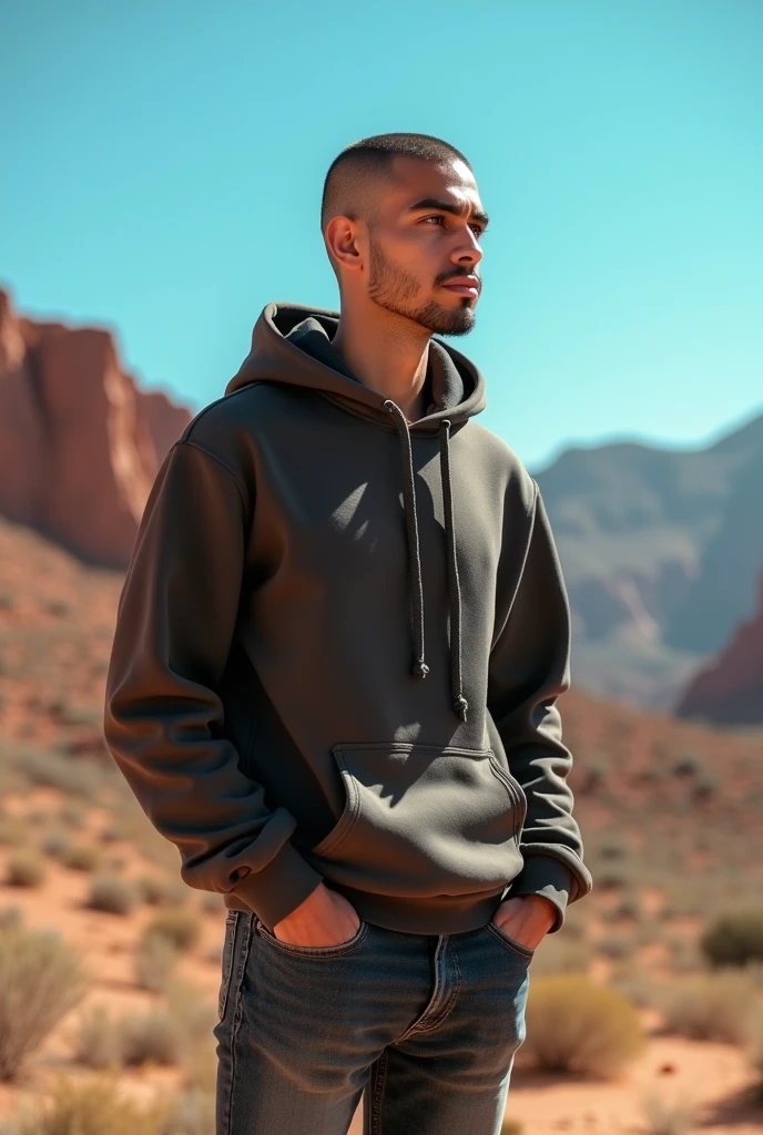 Create a realistic photo of a young man of Moroccan nationality with a gaunt face, a shaved head, and black eyes., portant un sweat-shirt à capuche et un jean. Il a un air déterminé et regarde vers l'horizon de corpulence moyenne et grand 