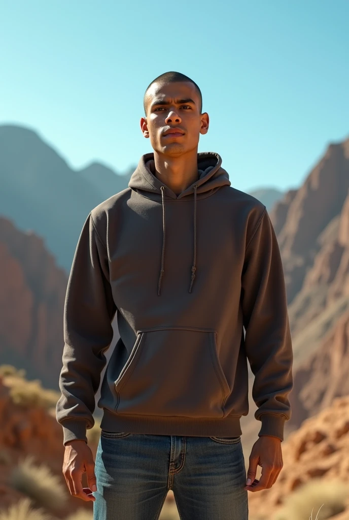 Create a realistic photo of a young man of Moroccan nationality with a gaunt face, a shaved head, and black eyes., portant un sweat-shirt à capuche et un jean. Il a un air déterminé et regarde vers l'horizon de corpulence moyenne et grand 