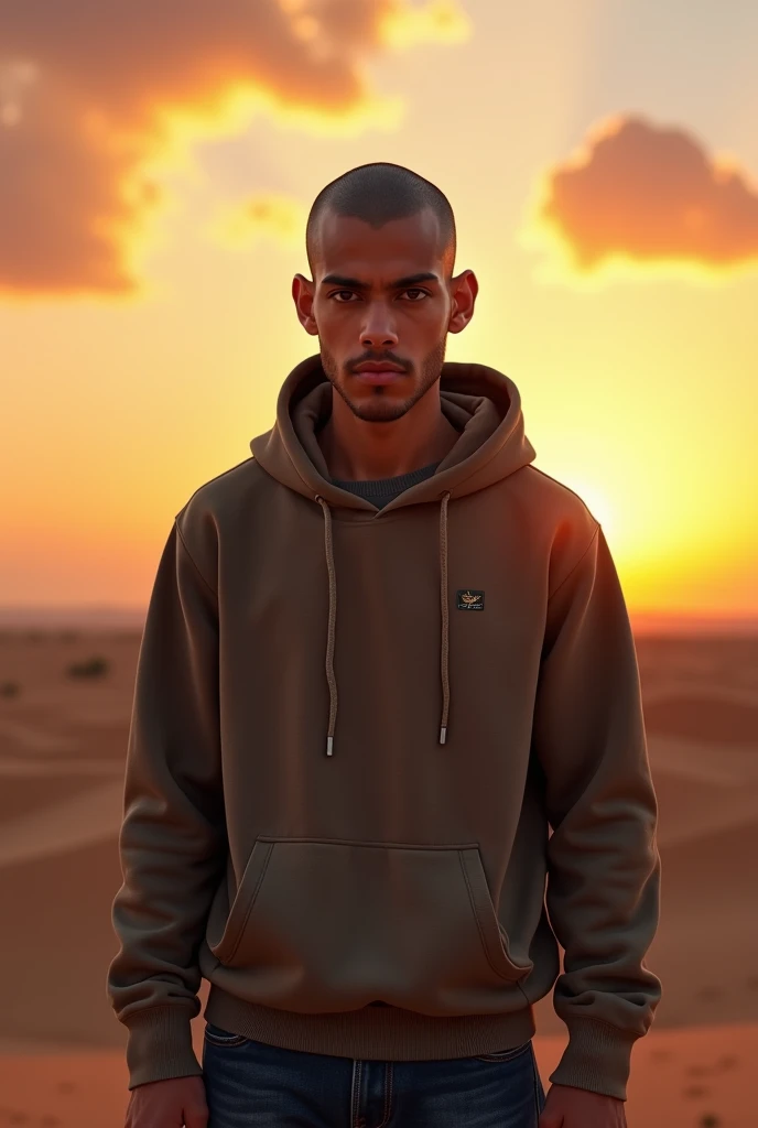 Create a realistic photo of a young man of Moroccan nationality with a gaunt face, a shaved head, and black eyes., portant un sweat-shirt à capuche et un jean. Il a un air déterminé et regarde vers l'horizon de corpulence moyenne et grand