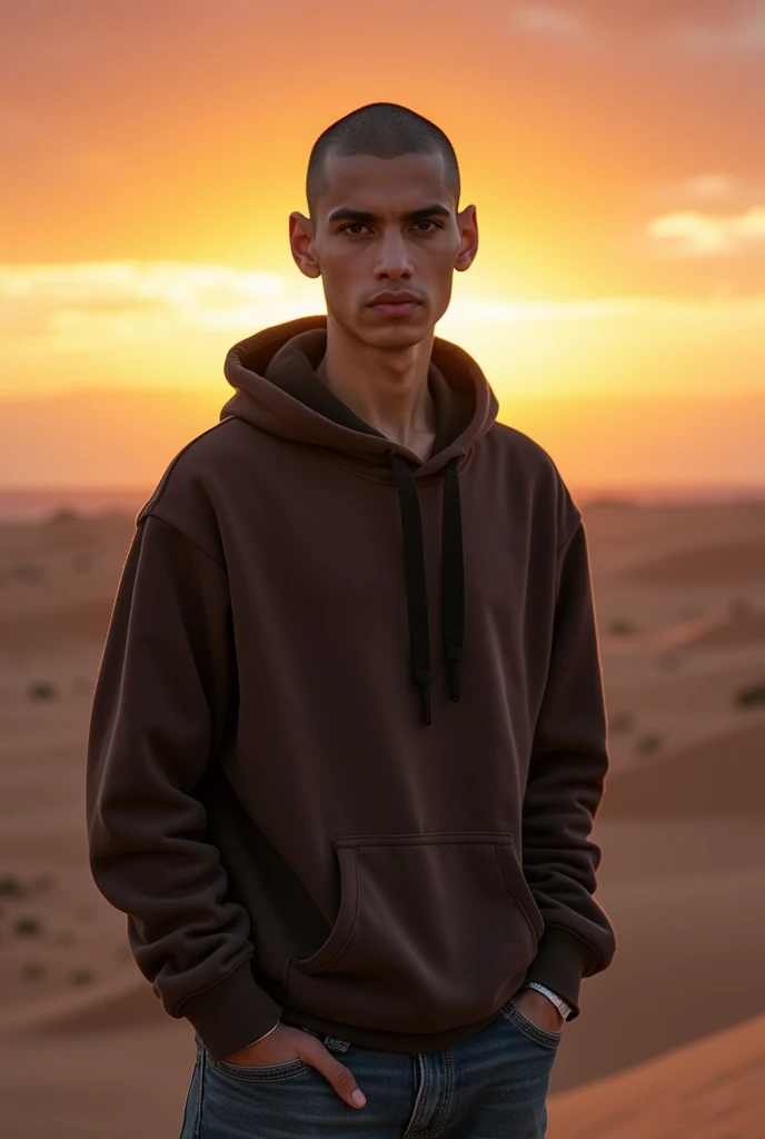 Create a realistic photo of a young man of Moroccan nationality with a gaunt face, a shaved head, and black eyes., portant un sweat-shirt à capuche et un jean. Il a un air déterminé et regarde vers l'horizon de corpulence moyenne et grand 