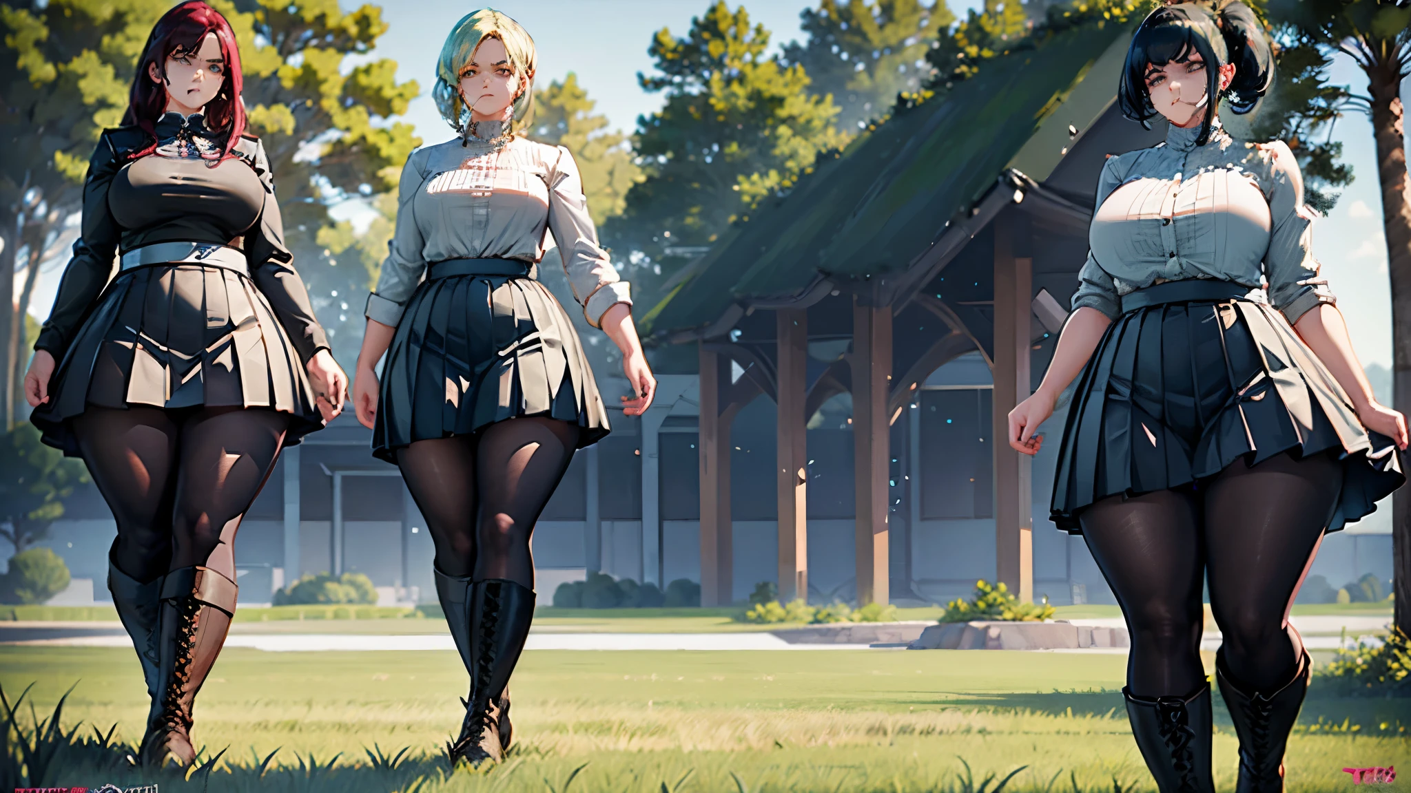 three angry women, 30 years old, thicc curvy body, wearing pleated skirt and boots, stomping the grass, viewed from below