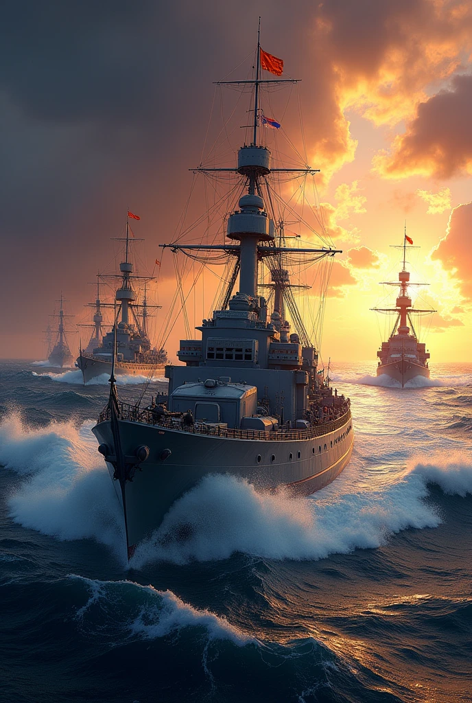 Warships sailing at the ocean