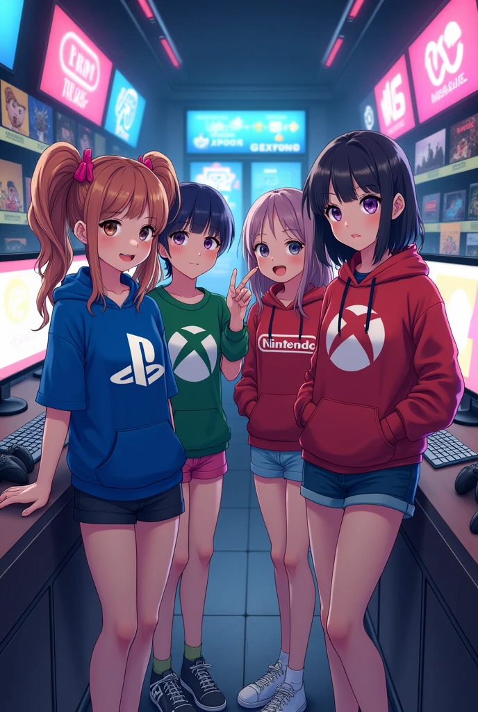 Une fille le logo PlayStation. I'm with a boy who wears the Xbox logo, a girl who wears the Nintendo logo, and a boy friend who wears the Steam logo, manga version.